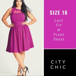 City Chic Lace Fit and Flare Dress - Magenta